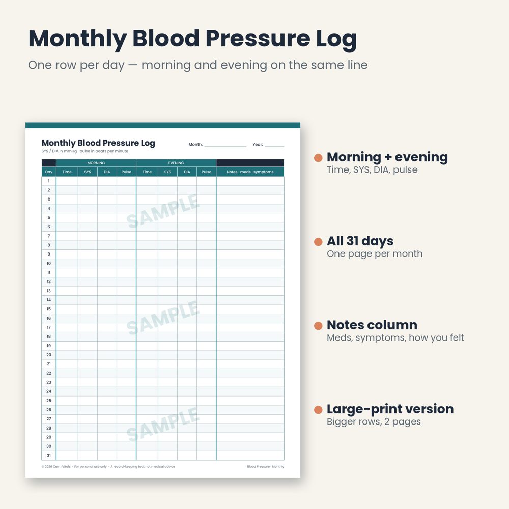 Monthly blood pressure log page